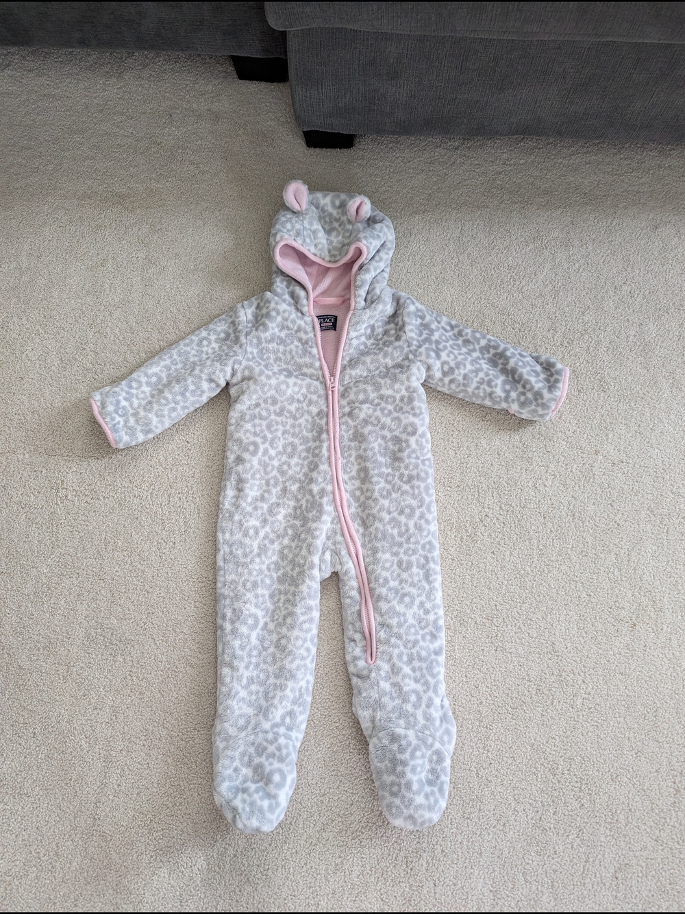 The Children's Place Gray Leopard Fleece One-Piece with Pink Trim